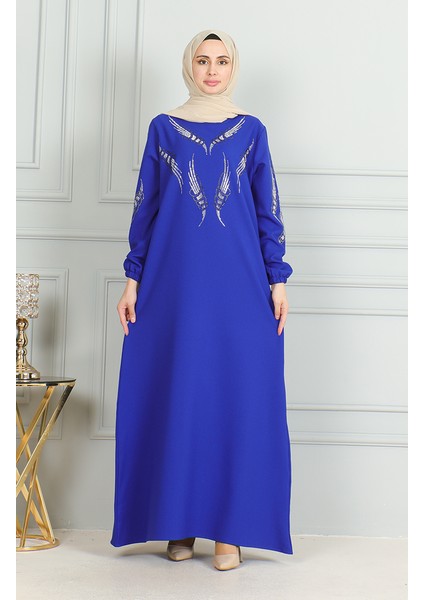 Kolu Lastikli Taşlı Abiye Elbise 0497-02 Saks