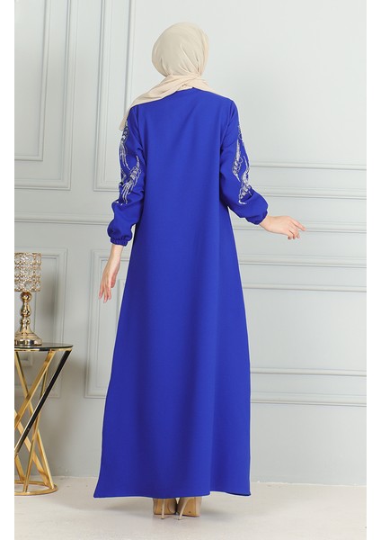 Kolu Lastikli Taşlı Abiye Elbise 0497-02 Saks indirimleri