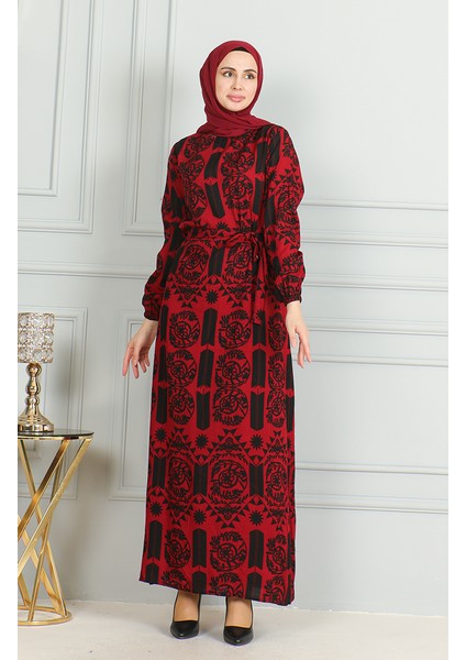Desenli Kuşaklı Viskon Elbise 0499-05 Kırmızı