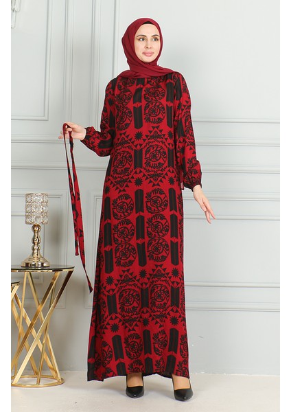 Desenli Kuşaklı Viskon Elbise 0499-05 Kırmızı modelleri