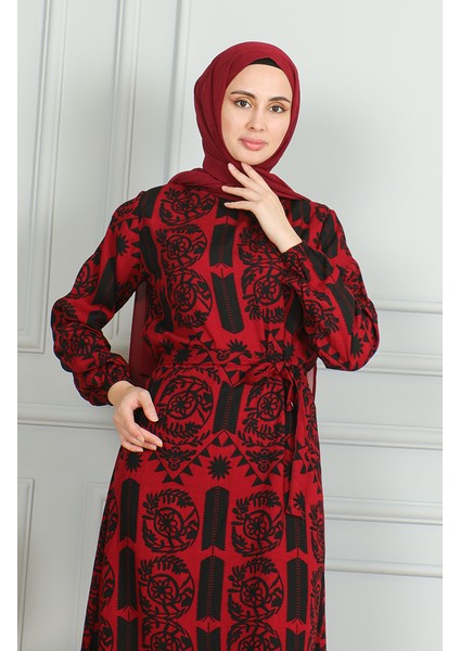 Desenli Kuşaklı Viskon Elbise 0499-05 Kırmızı fırsatları