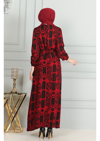Desenli Kuşaklı Viskon Elbise 0499-05 Kırmızı indirimleri