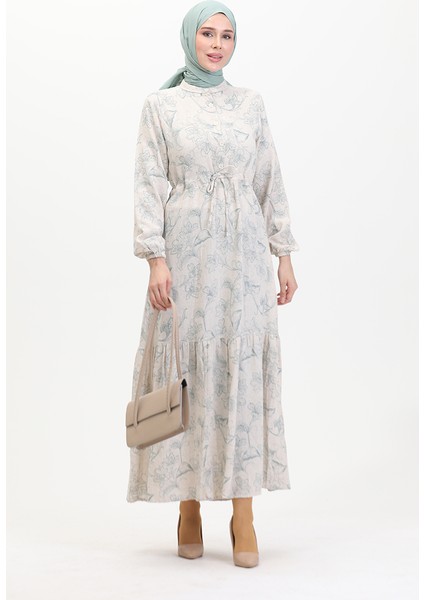 Önden Düğmeli Bağcıklı Keten Elbise 0520-02 Bej Çağla Yeşili