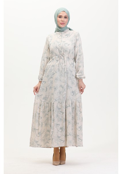 Önden Düğmeli Bağcıklı Keten Elbise 0520-02 Bej Çağla Yeşili fiyatları