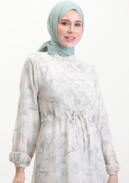 Önden Düğmeli Bağcıklı Keten Elbise 0520-02 Bej Çağla Yeşili modelleri