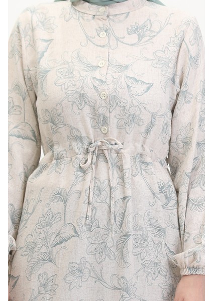 Önden Düğmeli Bağcıklı Keten Elbise 0520-02 Bej Çağla Yeşili fırsatları