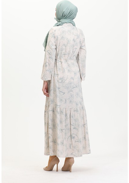 Önden Düğmeli Bağcıklı Keten Elbise 0520-02 Bej Çağla Yeşili indirimleri