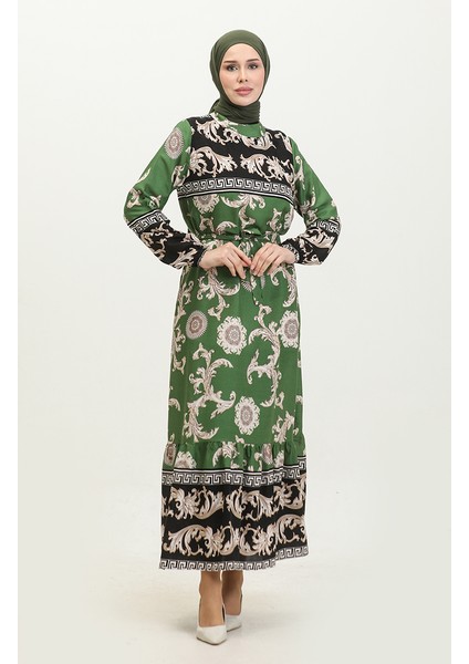 Etek Ucu Büzgülü Desenli Elbise 0377-02 Siyah Yeşil fiyatları