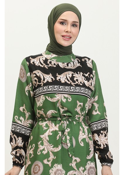 Etek Ucu Büzgülü Desenli Elbise 0377-02 Siyah Yeşil modelleri