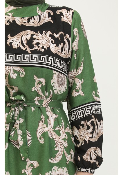 Etek Ucu Büzgülü Desenli Elbise 0377-02 Siyah Yeşil fırsatları