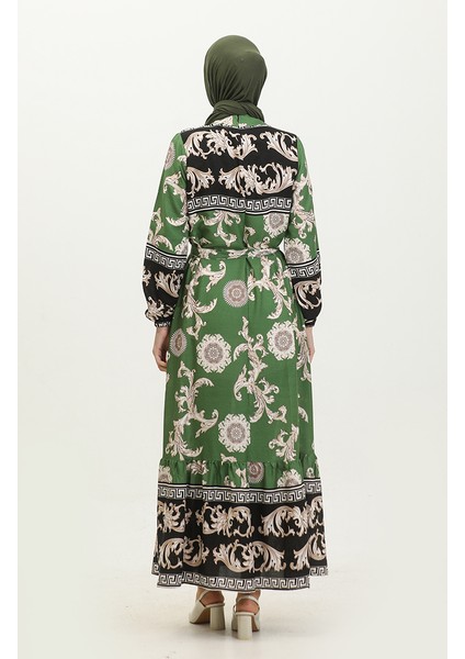 Etek Ucu Büzgülü Desenli Elbise 0377-02 Siyah Yeşil indirimleri