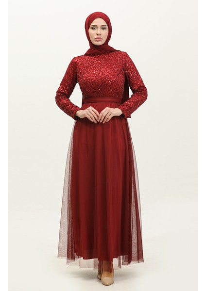 Dantelli Kuşaklı Abiye Elbise 5353A-05 Bordo