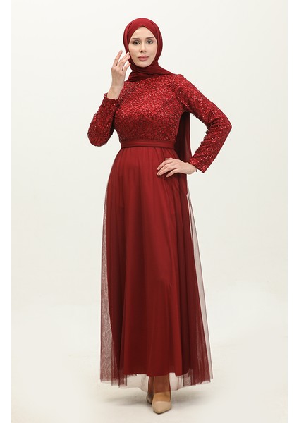 Dantelli Kuşaklı Abiye Elbise 5353A-05 Bordo fiyatları