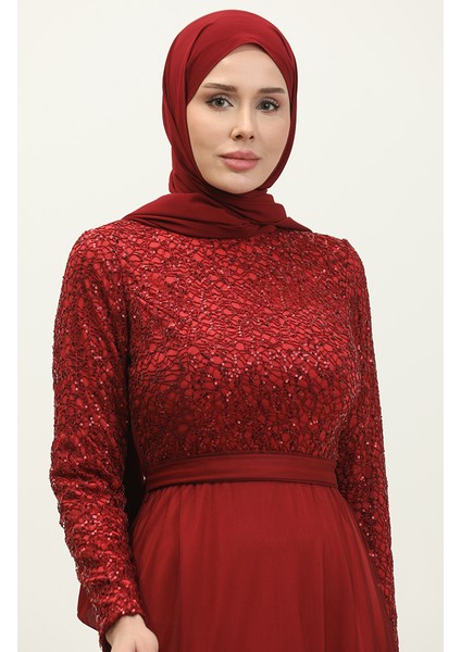 Dantelli Kuşaklı Abiye Elbise 5353A-05 Bordo modelleri