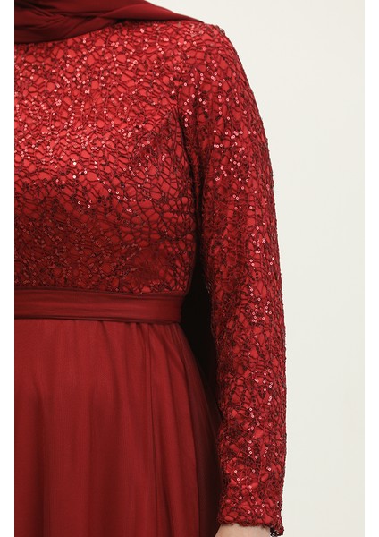 Dantelli Kuşaklı Abiye Elbise 5353A-05 Bordo fırsatları