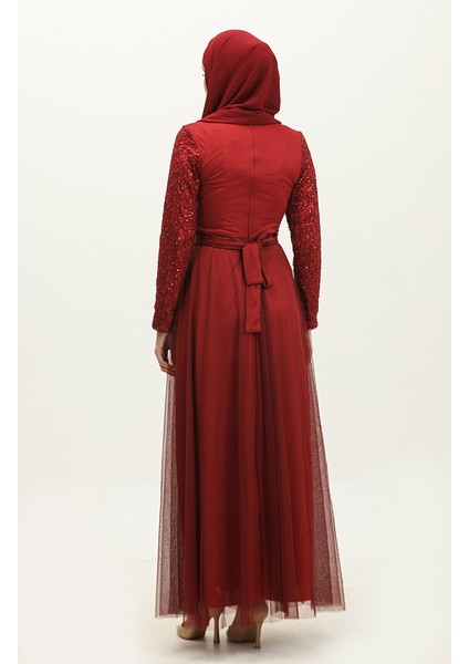 Dantelli Kuşaklı Abiye Elbise 5353A-05 Bordo indirimleri