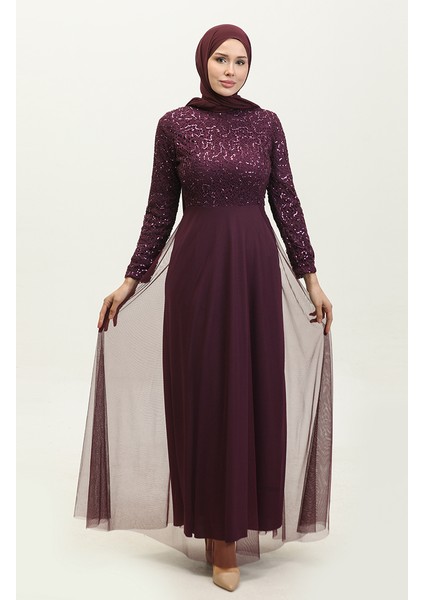 Dantelli Kuşaklı Abiye Elbise 5353A-13 Mürdüm