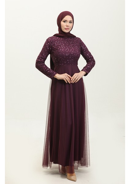 Dantelli Kuşaklı Abiye Elbise 5353A-13 Mürdüm fiyatları