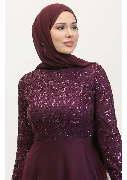 Dantelli Kuşaklı Abiye Elbise 5353A-13 Mürdüm modelleri