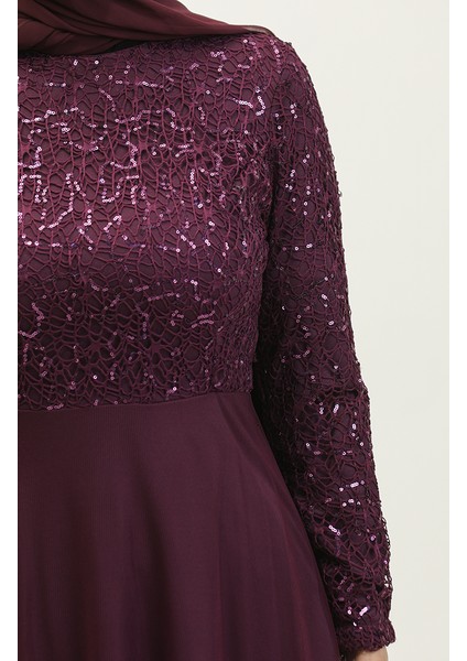 Dantelli Kuşaklı Abiye Elbise 5353A-13 Mürdüm fırsatları