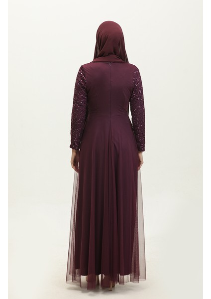 Dantelli Kuşaklı Abiye Elbise 5353A-13 Mürdüm indirimleri