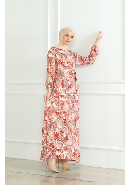 Desenli Kuşaklı Viskon Elbise 0506-01 Kiremit