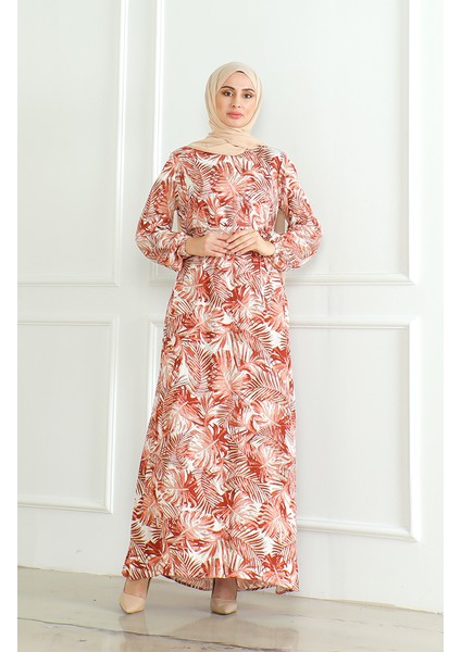 Desenli Kuşaklı Viskon Elbise 0506-01 Kiremit fiyatları