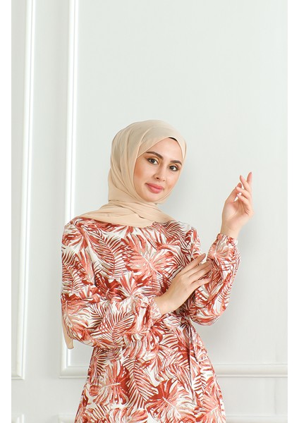 Desenli Kuşaklı Viskon Elbise 0506-01 Kiremit modelleri