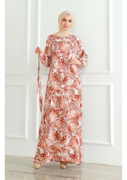 Desenli Kuşaklı Viskon Elbise 0506-01 Kiremit fırsatları