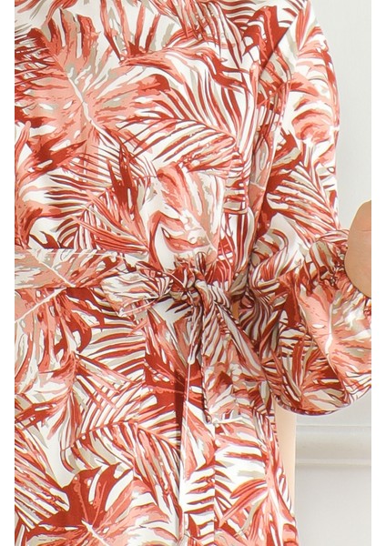 Desenli Kuşaklı Viskon Elbise 0506-01 Kiremit indirimleri