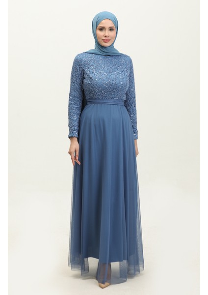 Dantelli Kuşaklı Abiye Elbise 5353A-07 Mavi fiyatları