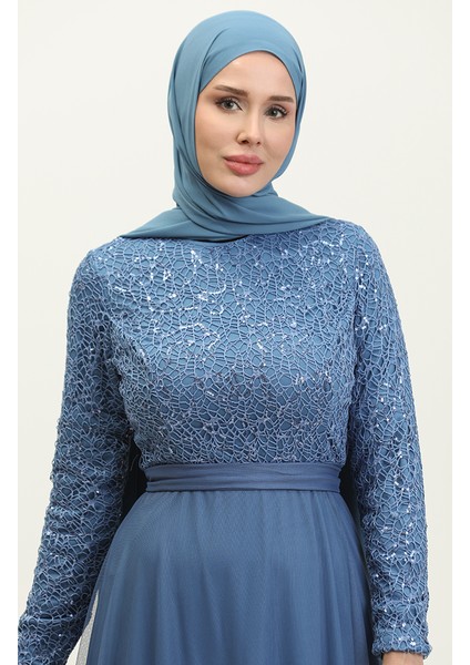 Dantelli Kuşaklı Abiye Elbise 5353A-07 Mavi modelleri