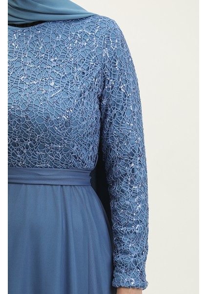 Dantelli Kuşaklı Abiye Elbise 5353A-07 Mavi fırsatları