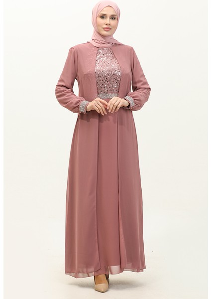 Şifon Abiye Elbise 52876-03 Gül Kurusu