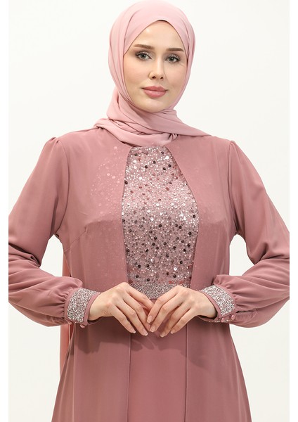 Şifon Abiye Elbise 52876-03 Gül Kurusu