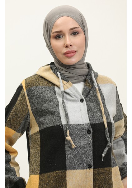 Kapüşonlu Desenli Kap NZR001A-06 Gri Sarı