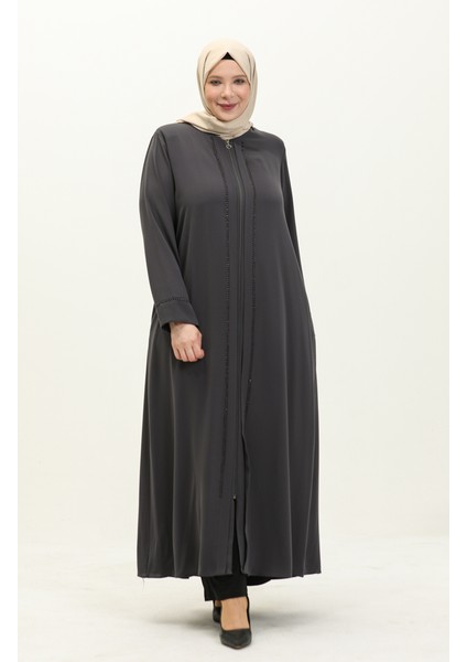 Büyük Beden Taşlı Ferace 4005-06 Gri