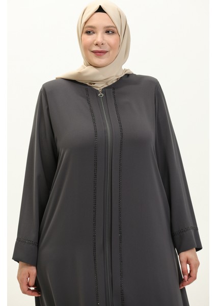 Büyük Beden Taşlı Ferace 4005-06 Gri modelleri