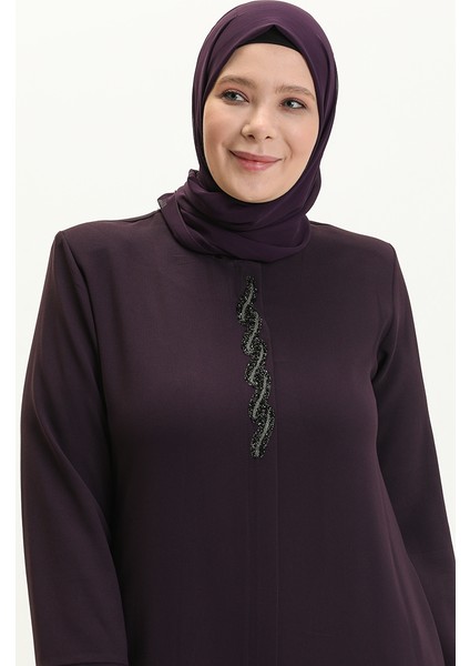 Büyük Beden Taş Baskılı Ferace 5052-04 Mürdüm