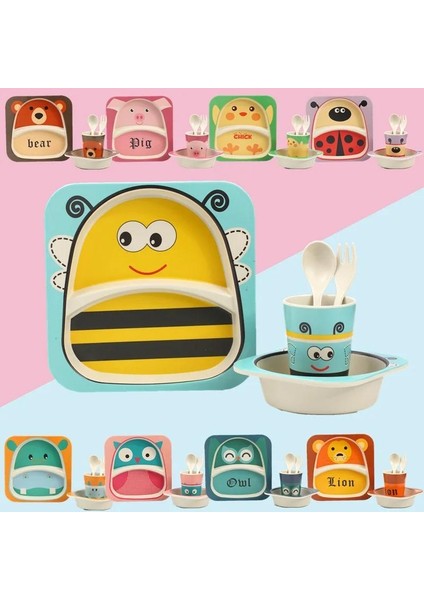 Imebaby 5 Parçalı Bambu Sofra Takımı, Bambu Kase, Bebek Besleme Tabağı, Yaratıcı Karikatür Çocuk Kasesi/bardağı, Çatal ve Kaşık Hediye Seti (Yurt Dışından)