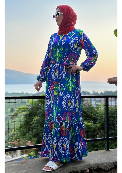 Eteği Büzgülü Renkli Viskon Elbise 0427-05 Saks modelleri