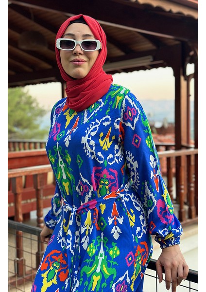 Eteği Büzgülü Renkli Viskon Elbise 0427-05 Saks fırsatları