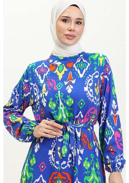 Eteği Büzgülü Renkli Viskon Elbise 0427-05 Saks indirimleri