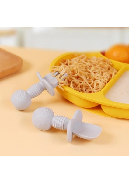 Ayı Baskılı Düz Renkli Yumuşak Besleme Eğitimi Yeniden Doğuş Diş Kaşıyıcı Oyuncakla Birlikte Kaşık, Çatal ve Kaşık Seti (Yurt Dışından)