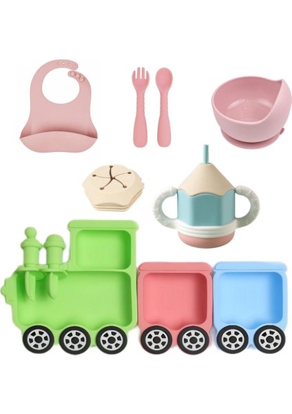 9 Parçalı Bebek Sofra Takımı, Çocuk Tabakları, Çatallar, Kaşıklar, Kaseler, Önlükler, Su Bardakları, Atıştırmalık Bardakları, Çizgi Film Treni Eğlence Temalı Hediyeler (Yurt Dışından)