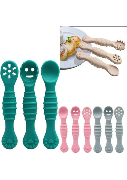 3'lü Sevimli Bebek Öğrenme Kaşığı Sofra Seti Gıda Sınıfı Yapışkan Kaşık Çocuk Eğitim Besleme (Yurt Dışından)