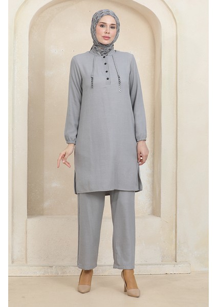 Düğme Detaylı Tunik Pantolon Ikili Takım 1004-05 Gri modelleri