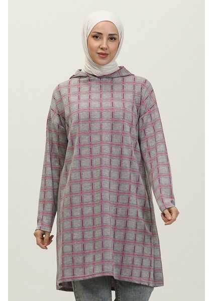 Respiro Kapüşonlu Jakarlı Kışlık Tunik 8703-01 Gri Mor
