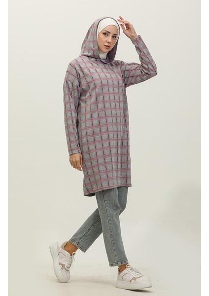 Respiro Kapüşonlu Jakarlı Kışlık Tunik 8703-01 Gri Mor