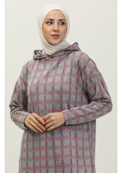 Respiro Kapüşonlu Jakarlı Kışlık Tunik 8703-01 Gri Mor